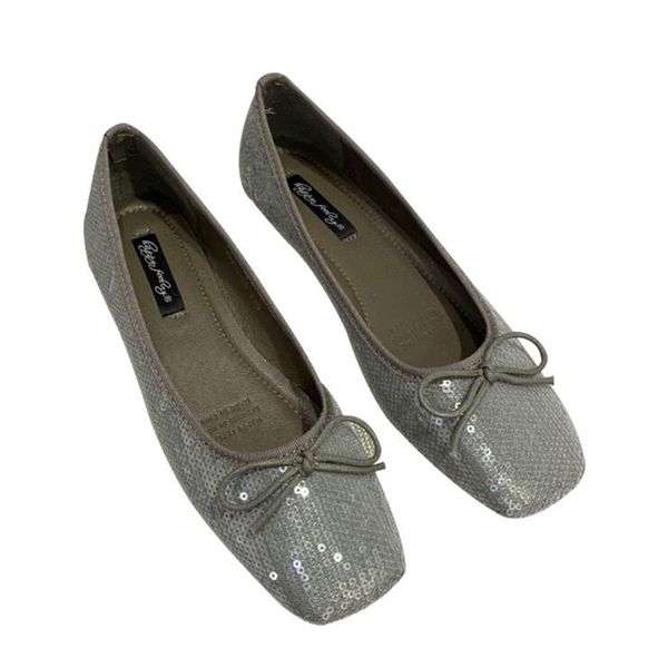 

korean version of the early spring square head shallow mouth bow flat shoes with sparkles, Black