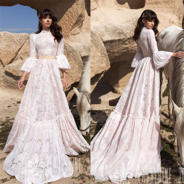 

3/4 long sleeve wedding dresses high collar a line wedding gowns sweep train beach wedding dress, White