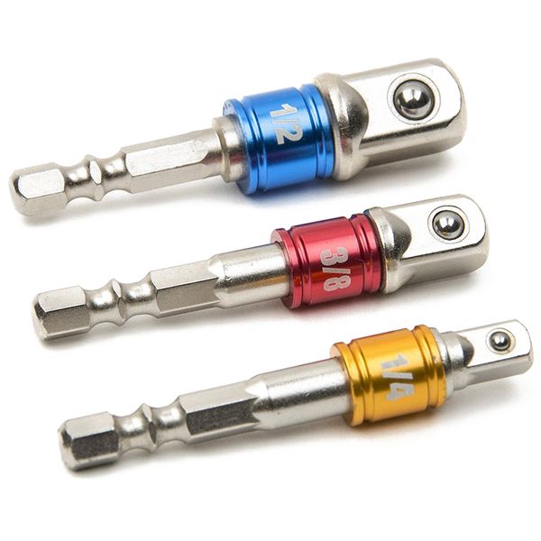 

3pcs impact socket adapter/extension set turns power drill into high speed nut driver. 1/4inch, 3/8inch, and 1/2inch drive