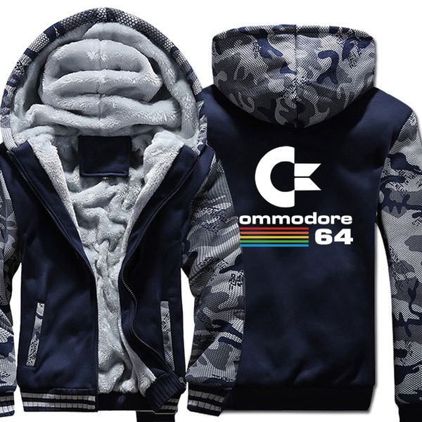 

men fashion thick hoodies winter warm male sweatshirts commodore 64 camouflage sleeve jackets zipper loose hombre brand coats, Black