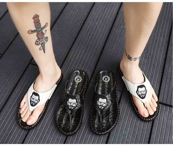 

2020 summer sandals and slippers male leather flip flops male tide outdoor non-slip thick bottom beach shoes men, Black