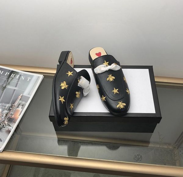 

2019 luxurious brand women muller shoes genuine leather slippers loafers flats designer women metal chain embroidery casual shoes 35-40, Black