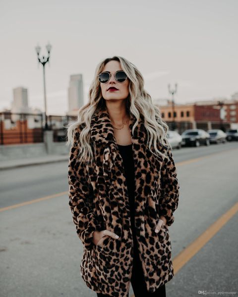 

leopard women winter faux fur coat desigenr thickened warm lapel neck outerwear casual long coats female clothing, Black