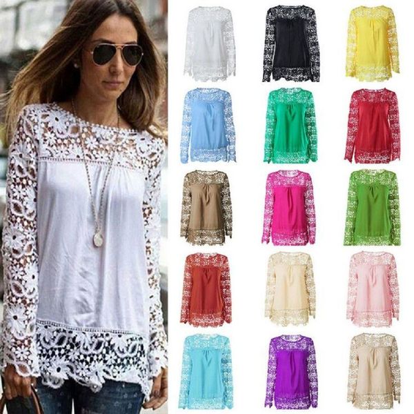 

Women Casual Plus Size T-Shirt Blouse Flower Lace Chiffon Long Sleeve Tops XS-7XL