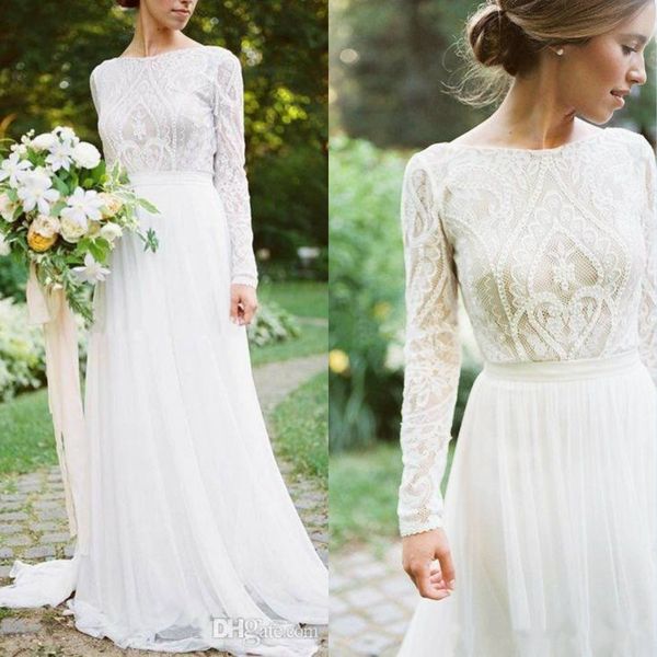 

country style bohemian wedding dresses a line sweep train lace applique beach wedding gowns jewel neck chiffon skirt boho bridal dress, White
