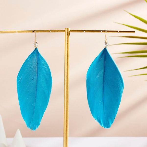 

1 pair blue feather earrings vintage rhinestone feather dangle drop earrings for women female boho jewelry summer vacation gift, Silver