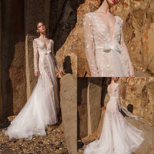 

eva lendel beach wedding dresses long sleeves lace appliqued boho vestidos de novia backless bridal mermaid wedding gowns, White