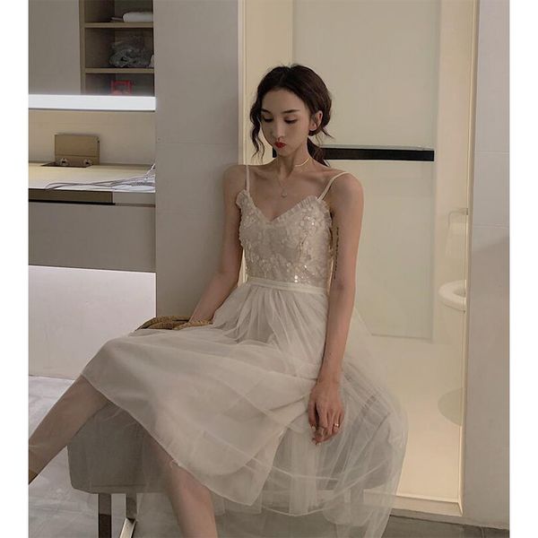 

v-neck retro gentle mesh very fairy dress female high waist spring and summer net red sling dress bb093, Black;gray