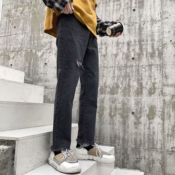 

wholesale ripped jeans men's clothing edges bad feet straight loose retro nostalgic washed hole fashion korean denim pants, Blue