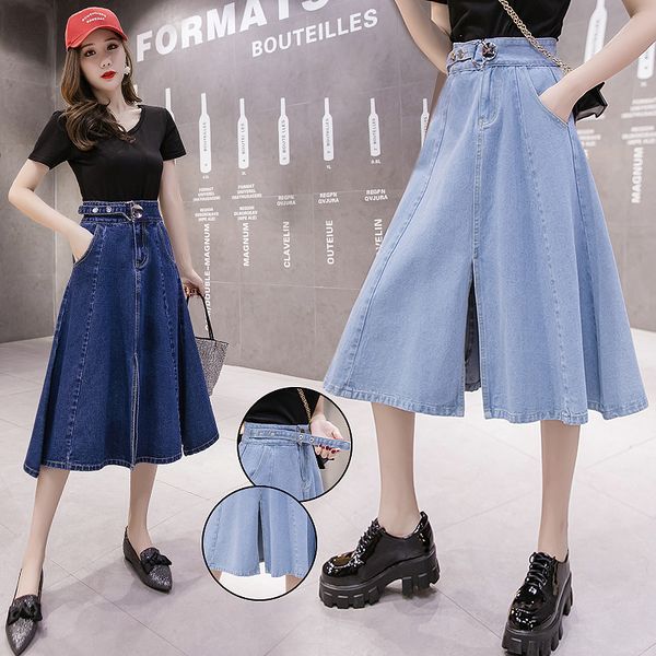 

new elegant ladies jean skirts midi denim skirts women 2019 vintage autumn high waist a-line slim fit midi jupe femme, Black