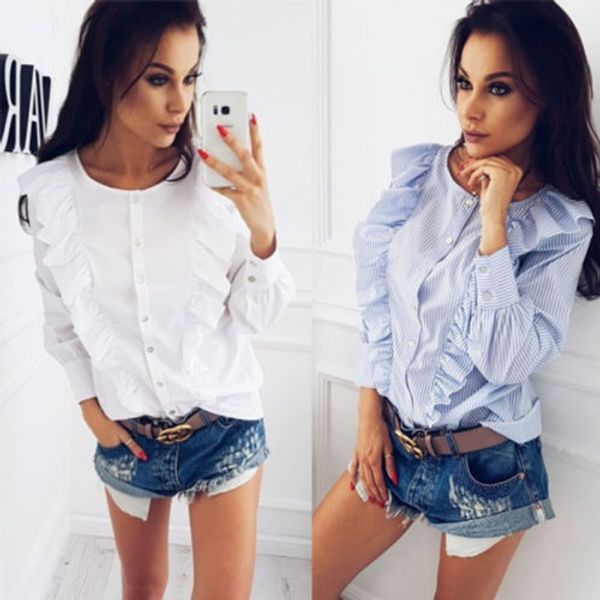 

2017 fashion ladies blouse summer autumn women long sleeve chiffon shirt o-neck collar striped long sleeve women shirt, White
