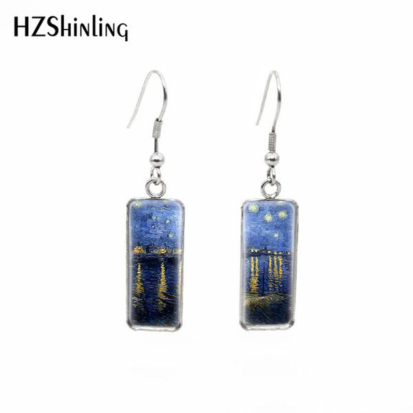 

2019 new van gogh paintings fish hook earring the starry night rectangular earrings glass hand craft jewelry, Silver