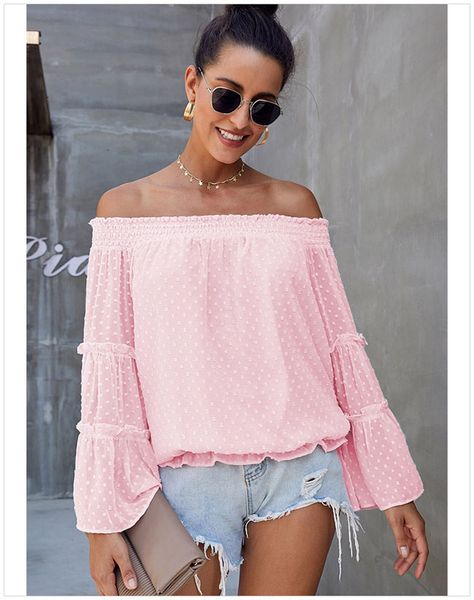 

fashion long bell sleeve swiss dot off the shoulder ruffles blouses woman autumn spring plus size female s-xxl dlm252239, White