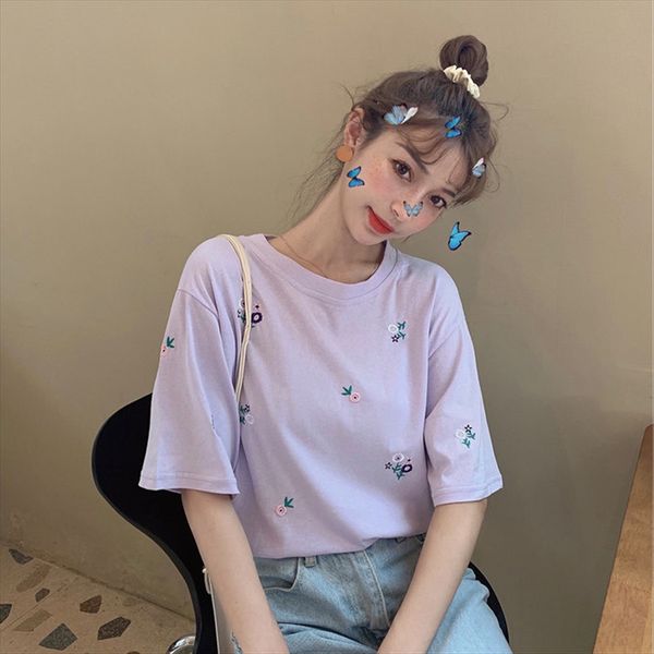 

short-sleeved t-shirt women's pure cotton 2020 summer clothes t-shirt fresh embroidered female students' loose top, White