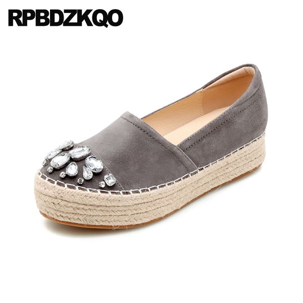 

gray handmade creepers platform shoes watermelon espadrilles women diamond crystal fisherman grey muffin thick sole flats, Black