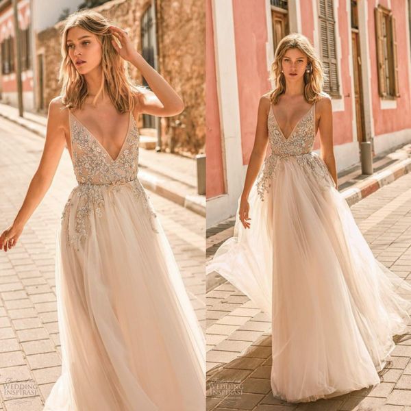 

amazing berta appliqued beach wedding dresses deep v neck beaded backless bridal gowns a line sweep train tulle robe de mariÃ©e, White