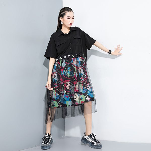 

womengaga 2020 summer the new trend lapel gauze patchwork personalized plus size casual dress girl female irregular q0015, Black;gray