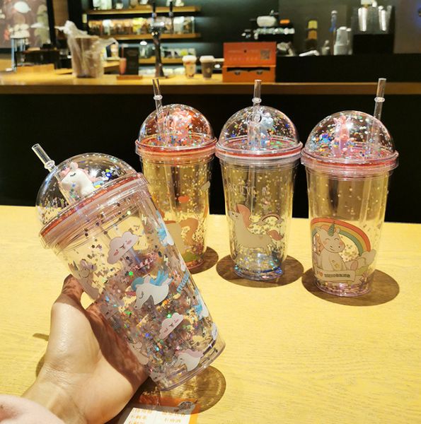 

the latest 15.2oz unicorn double stereo straw plastic cup creative fashion water cup, support custom logo