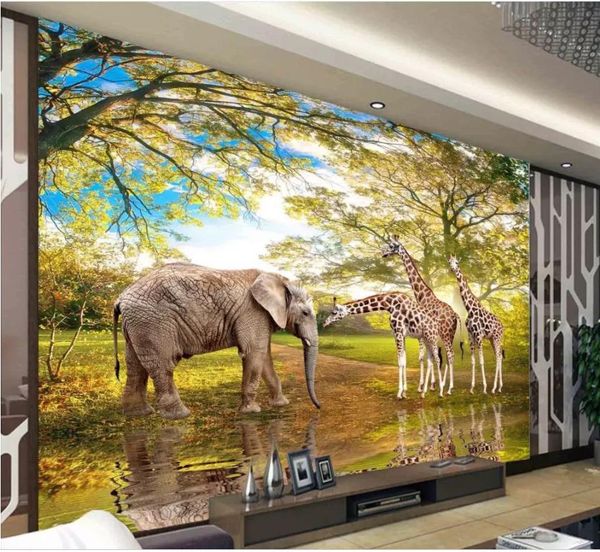 Mundo animal elefante girafa 3d paisagem pintura mural 3d papel de parede 3d papéis de parede para cenário de TV