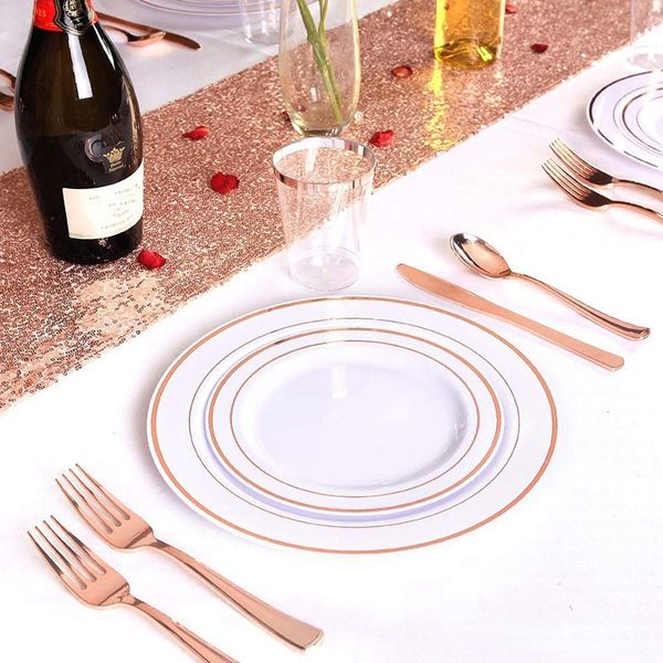 

200pcs rose gold plastic rose gold cutlery with napkins-heavyweight disposable flatware includes 50x forks, 50x spoons, 50x kniv disposable