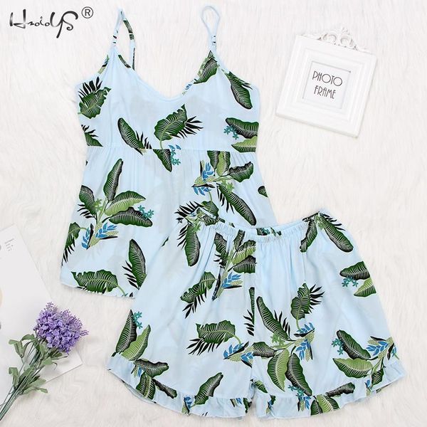 

leaf print pajamas for women floral womens pajama set summer 2019 pyjamas women sleepwear v-neck pijama mujer 2 piece sets, Black;red