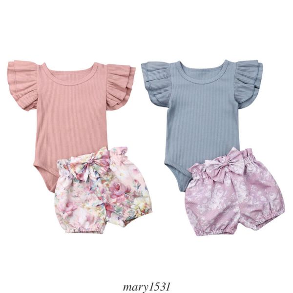 

newborn baby girl summer clothes infant kids flying sleeve blue romper floral bow shorts brief outfits set, White