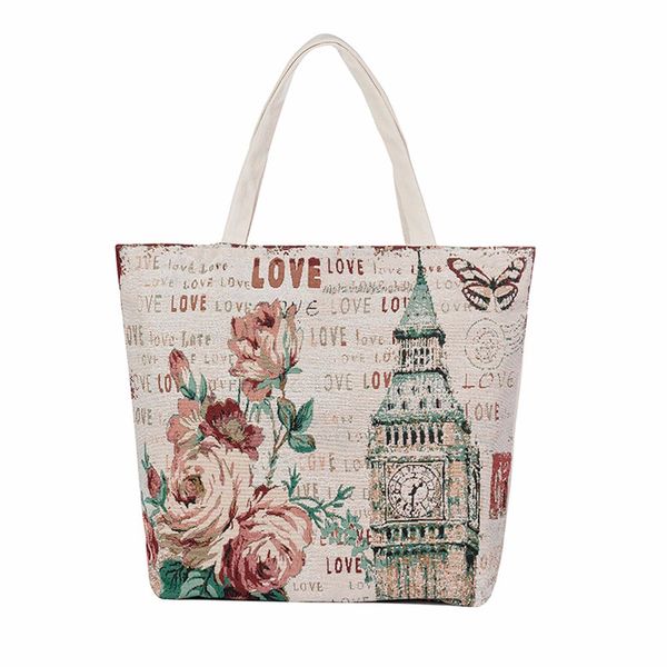 

women shopping bag eiffel tower flowers elegant retro canvas fashion casual tote casual beach bags handbags torba #yj