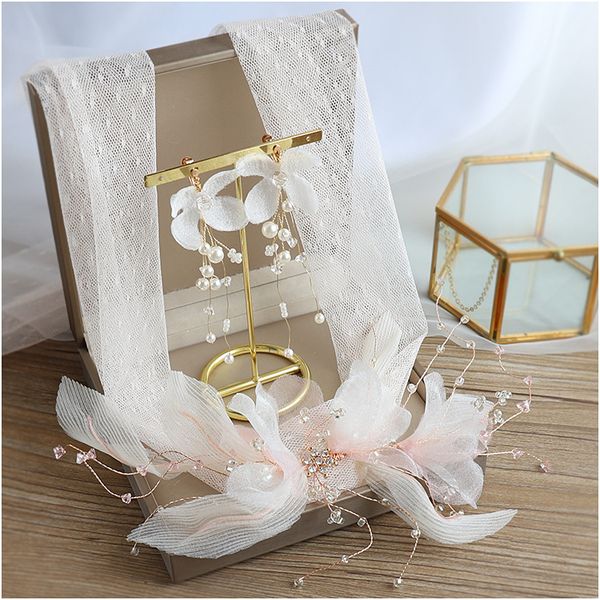 

bride headband korea pink lace wedding elegant princess headbands earrings handmade silk flower flower hair jewelry jewelry, Golden;white