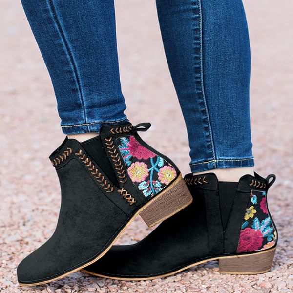 

rome women's boots embroider flower large size flock square med heels short shoes dames laarzen bottines femme boots women, Black