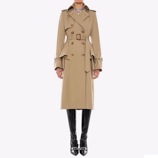 

2019 autumn &winter new cotton ruffled umbrella waist double-breasted long trench women's trench 190802xm01, Tan;black