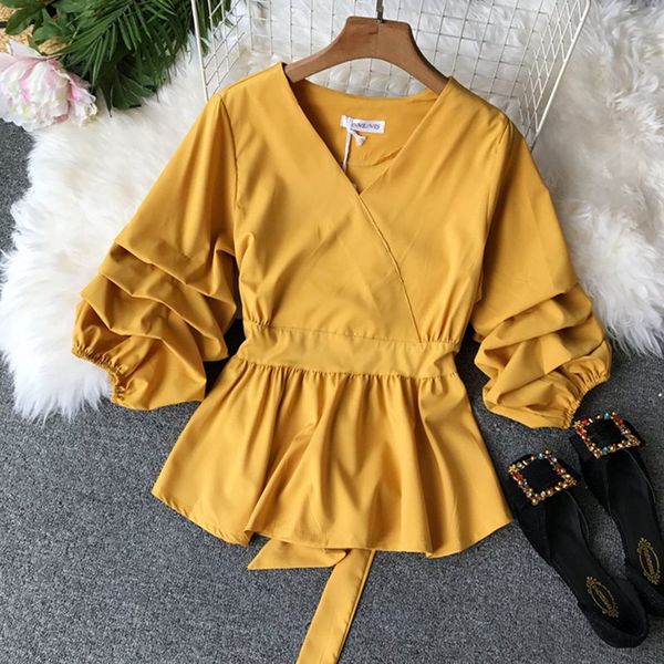

summer sweet cute korean yellow simple office lady women blouses slim ruffles red boho beach travel elegant female fashion, White