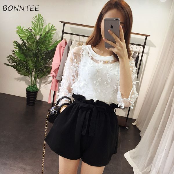 

shorts women loose sashes pockets all-match black trendy womens drawstring summer breathable female high waist solid colour chic, White;black
