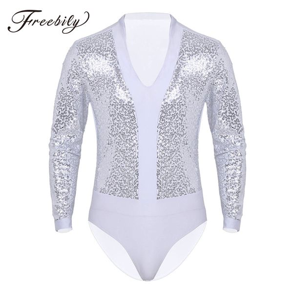 

men shiny sequins ballet leotards v neck long sleeves high cut one-piece short unitard dance wear gymnastics leotards bodysuit, Black;red