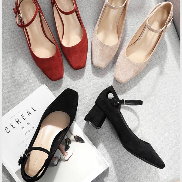 

new 2020 spring square high heels shoes woman slid flock faux suede leather ankle strap elegant office career wedding pumps, Black