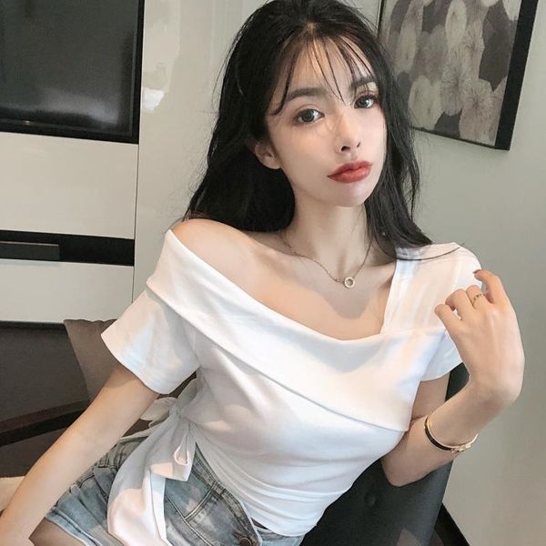 

clavicle scheming female 2020 western-style slim super fairy short-sleeved short-sleeved with one-line collar t-shirt t-shirt inclined, White