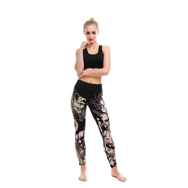 

women do exercise pants chinese dragon flower printed leggings stretchy slim fit clothes ladies female pants trousers plus size, Black
