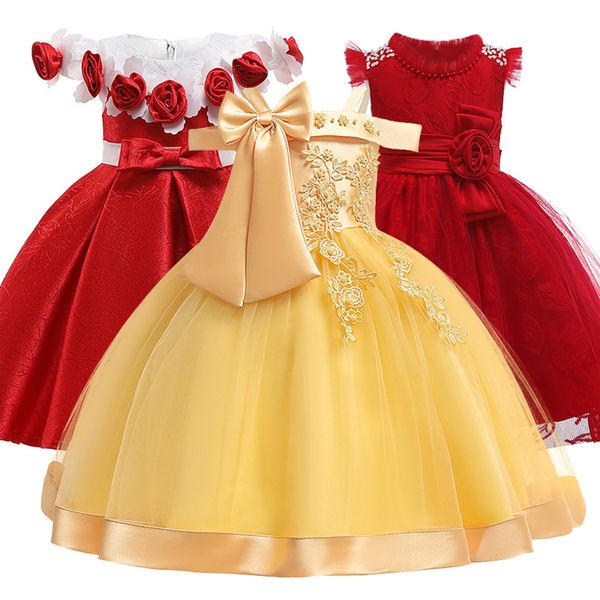 

new style flower girl wedding party one-character shoulder suspender dress girl bow nail pearl flower banquet ball gowns pageant vestidos, White;red