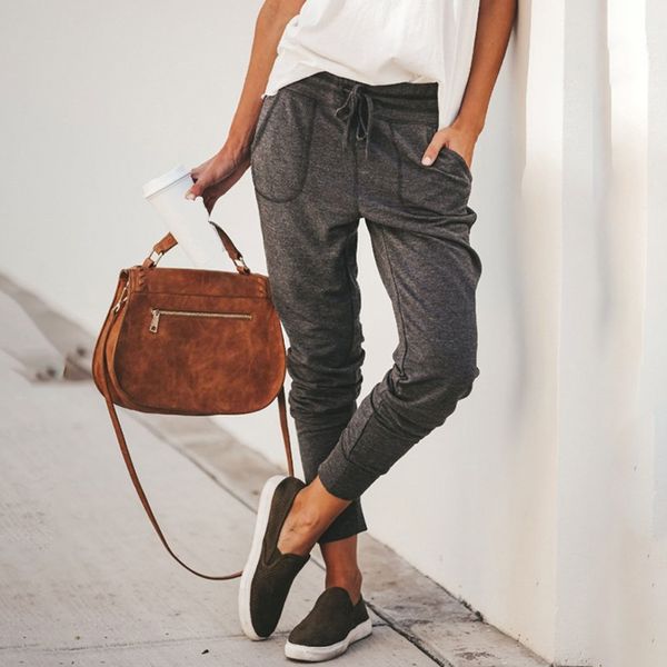 

women casual loose pants women casual pencil pants drawstring elastic waist summer trousers with pockets, Black;white
