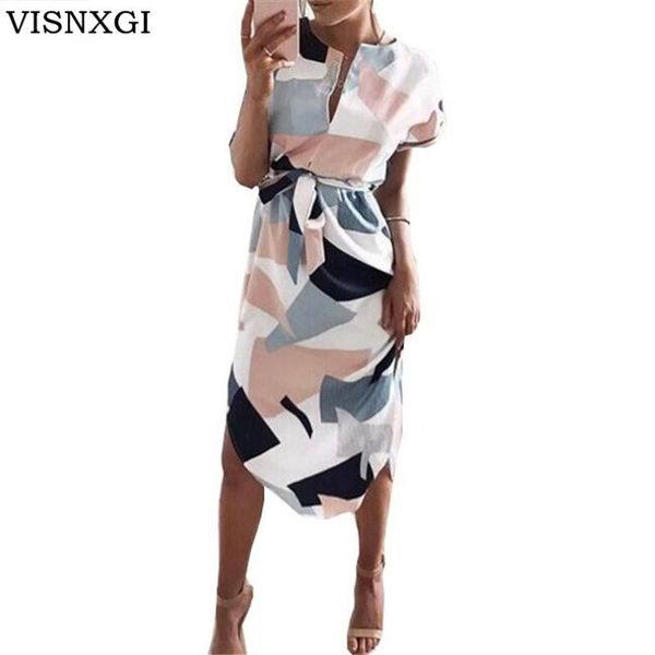 

casual dresses visnxgi 2021 summer dress lady beach female v neck maxi geometric pattern women's vintage with belt vestidos, Black;gray