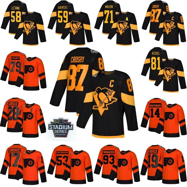 

2019 stadium series penguins philadelphia flyers jersey 58 kris letang 72 patric hornqvist 30 matt murray 17 wayne simmonds hockey jerseys, Black;red