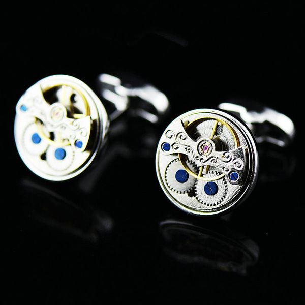 

2pcs women men mechanical watch movement cufflinks shirt sleeve buttons stainless steel cuff links, Silver