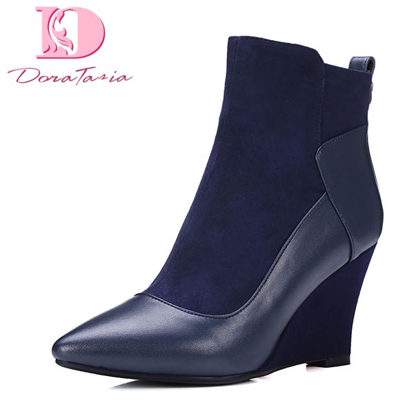 

doratasia brand doratasia genuine leather kid suede wedges high heels shoes woman party office autumn winter ankle boots, Black