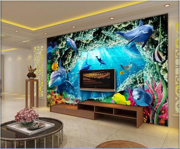 

custom p 3d wallpaper 3d sea cave marine life underwater world dolphin tv background home decor 3d wall murals wallpaper for walls 3 d