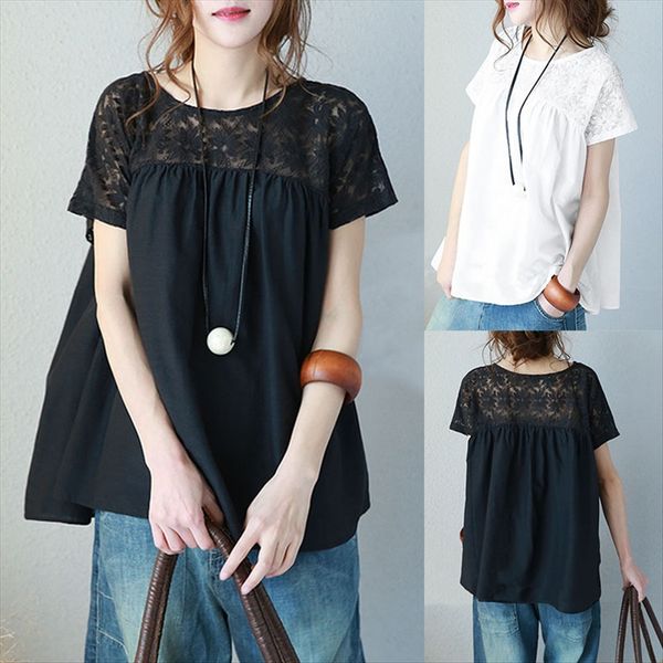 

large size t- lace solid color lace short sleeve shirt t-shirt stitching women's clothing, White