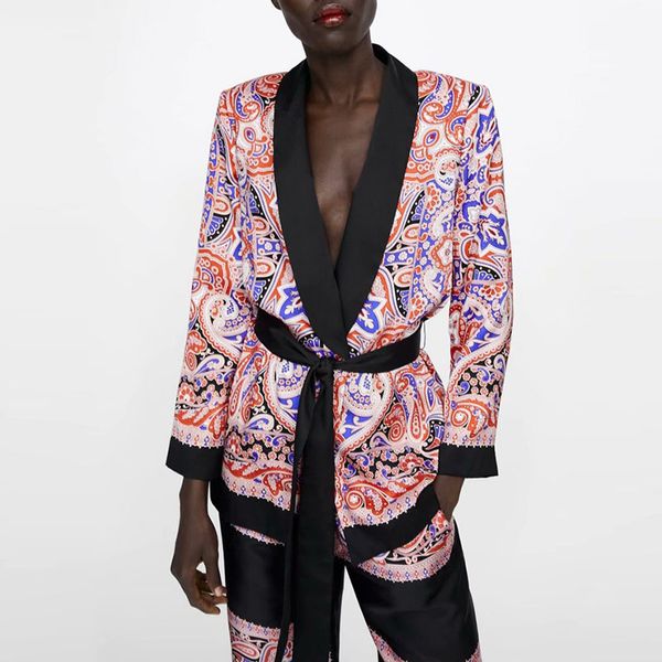 

fashion patchwork floral suit jacket with sash women spring slim long blouse coat elegant v neck office coat suit xz1939, Black;brown
