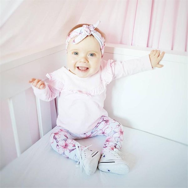 

3pcs baby girls clothes outfit set newborn cute fold ruffle long sleeve casual flowers pants headband infant clothing suit, White