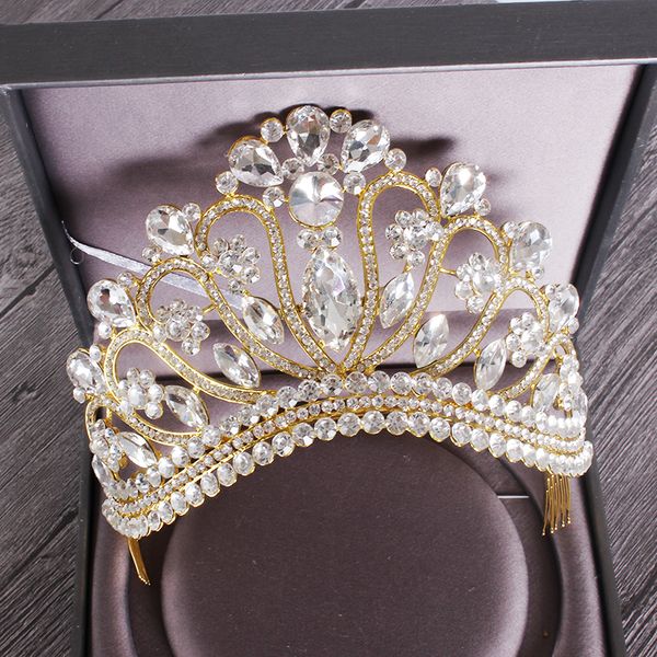 

new silver gold color wedding queen crown luxury crystal big tiara crowns with comb bride wedding bridal headdress hg-213 j190701, Golden;white