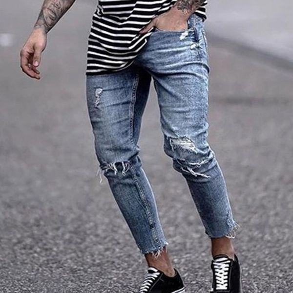 

high street jeans homme ripped slim pencil jean pants hiphop hole men jeans casual skinny denim streetwear distressed 3xl, Blue