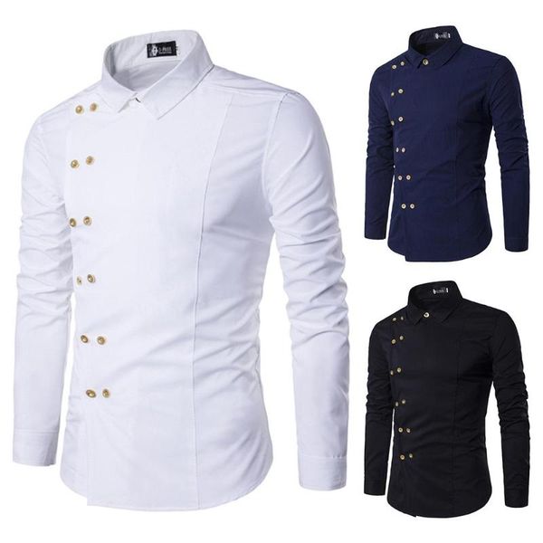 

men double-breasted long sleeves shirt gentleman buttons solid color, White;black