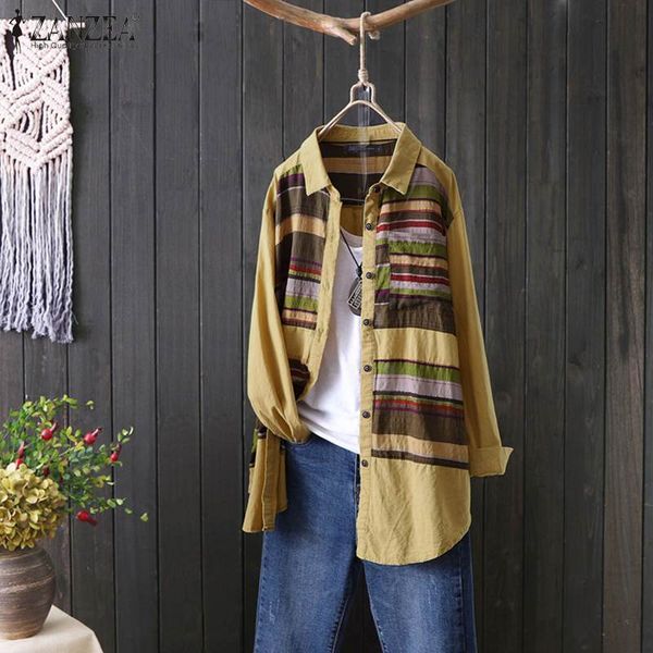

2020 spring blouse zanzea women long sleeve vintage print patchwork cotton linen shirt blusa female tunic chemise plus size, White